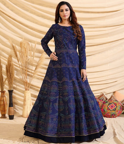 Navy blue tafetta silk pigment multi color foil party wear gown