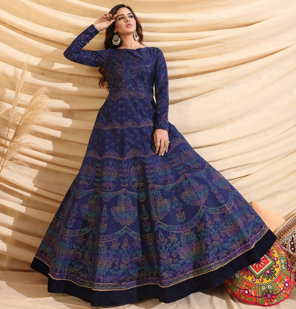 Navy blue tafetta silk pigment multi color foil party wear gown