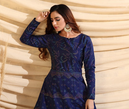 Navy blue tafetta silk pigment multi color foil party wear gown