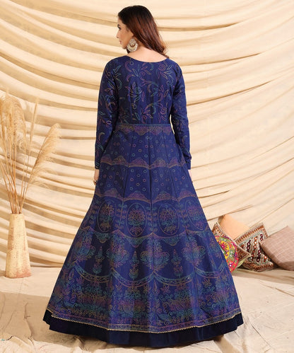 Navy blue tafetta silk pigment multi color foil party wear gown