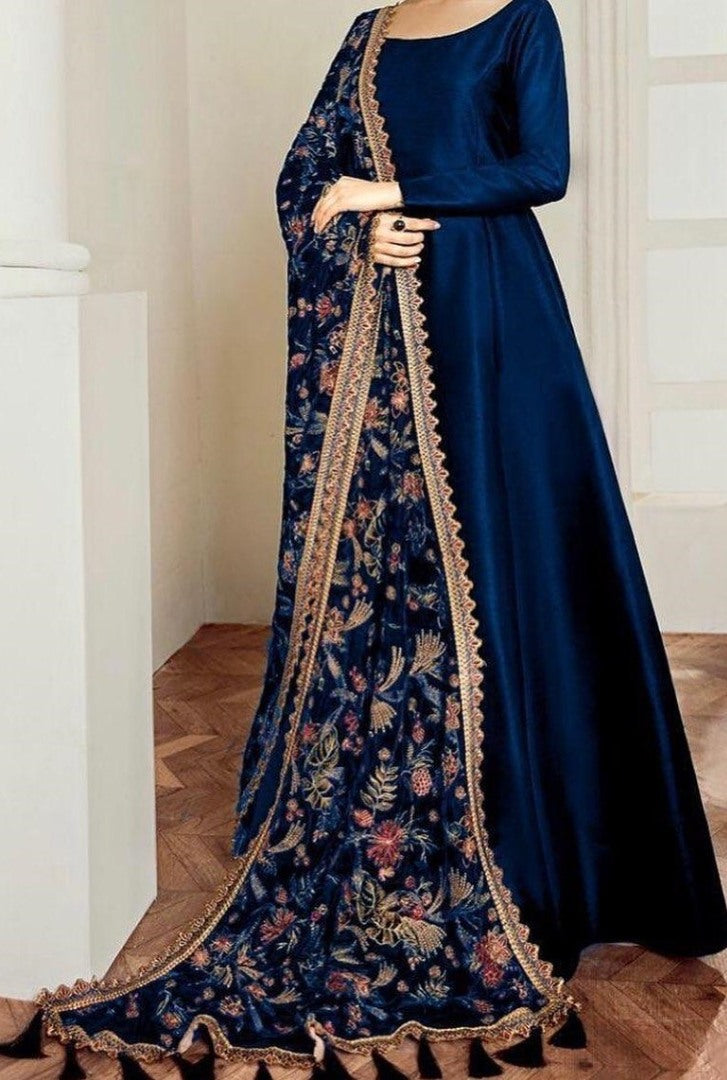 Navy blue taffeta satin silk gown with zari embroidered dupatta