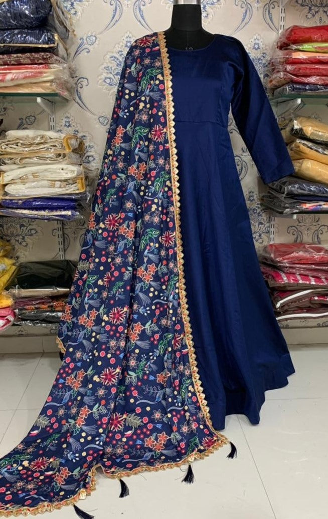 Navy blue taffeta satin silk gown with zari embroidered dupatta