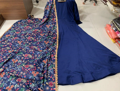 Navy blue taffeta satin silk gown with zari embroidered dupatta