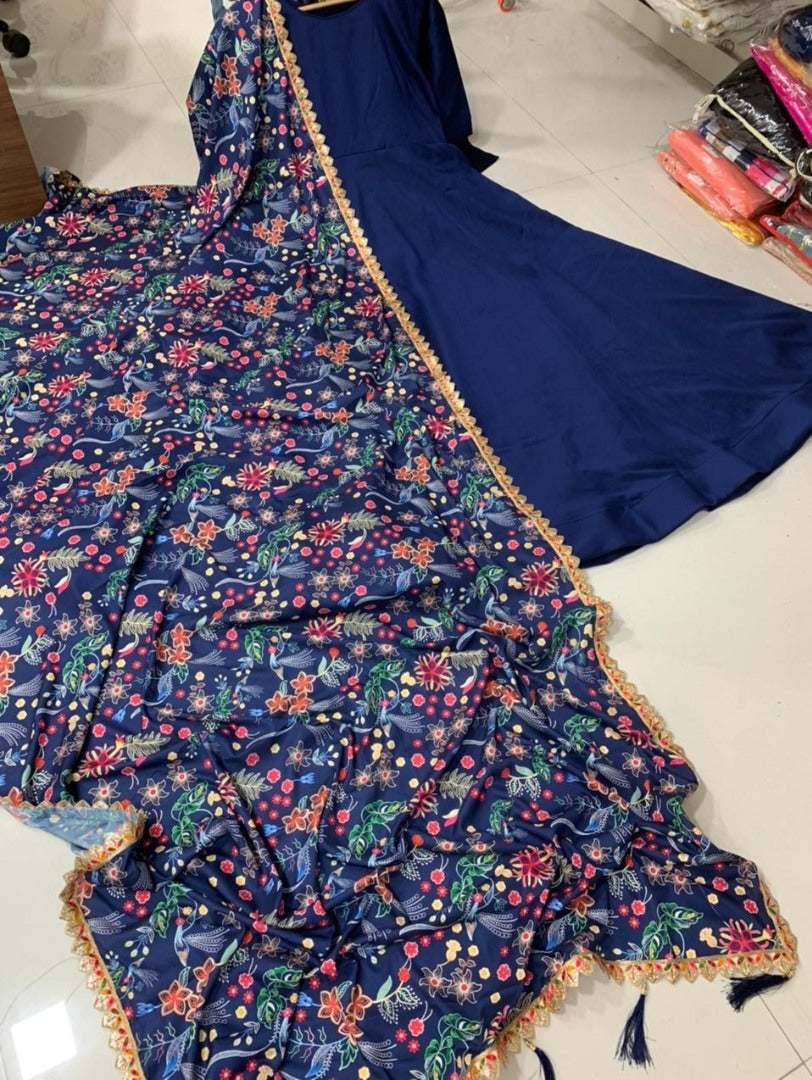 Navy blue taffeta satin silk gown with zari embroidered dupatta