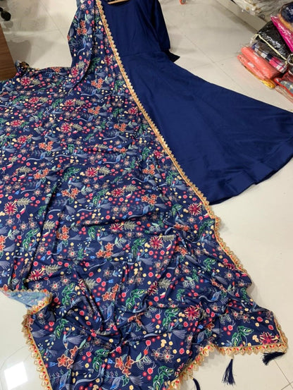 Navy blue taffeta satin silk gown with zari embroidered dupatta