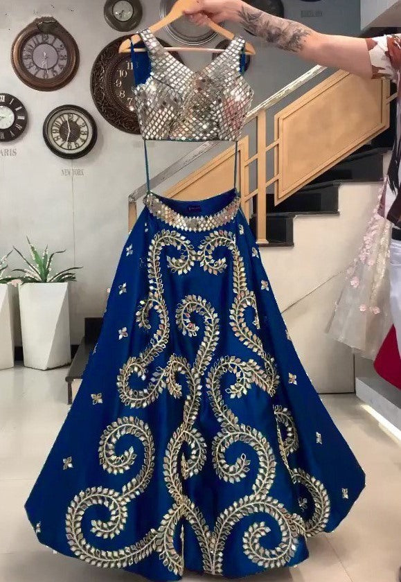 Navy blue taffeta silk cording embroidered work ceremonial lehenga choli
