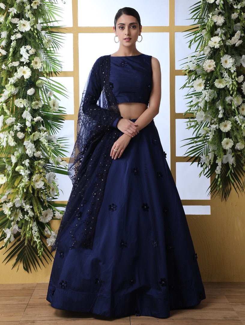 Navy blue taffeta silk designer lehenga choli