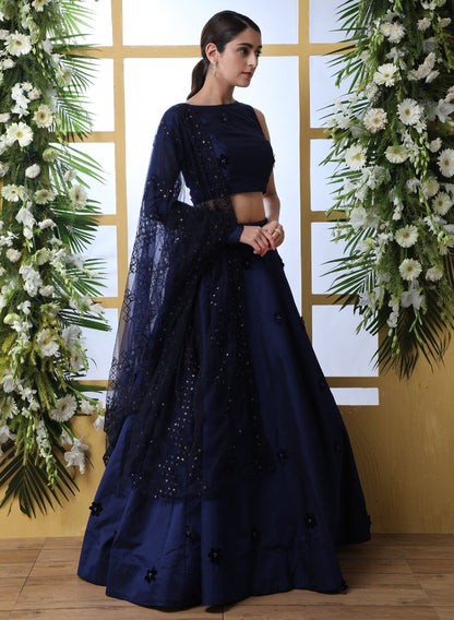 Navy blue taffeta silk designer lehenga choli