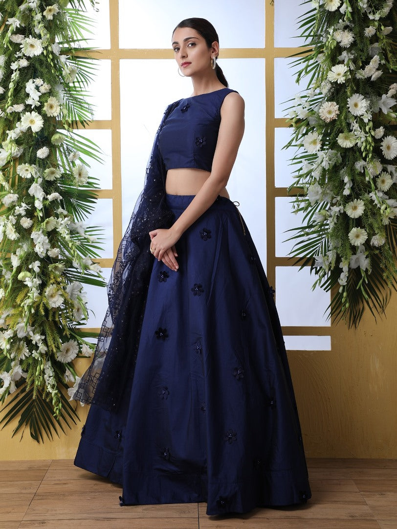 Navy blue taffeta silk designer lehenga choli