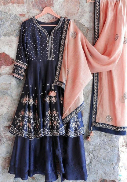 Navy blue taffeta silk embroidered work plazzo suit