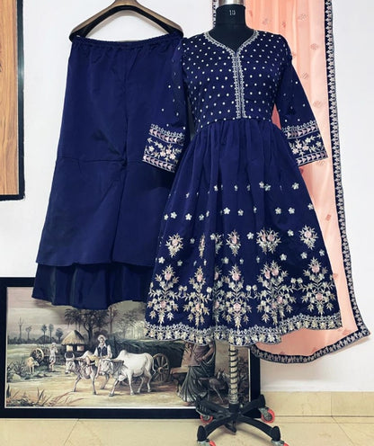 Navy blue taffeta silk embroidered work plazzo suit