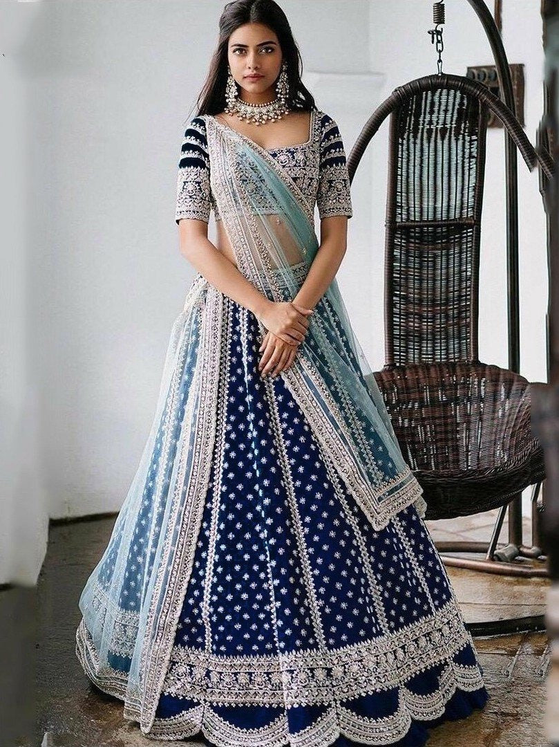 Navy blue taffeta silk heavy embroidered work ceremonial lehenga choli