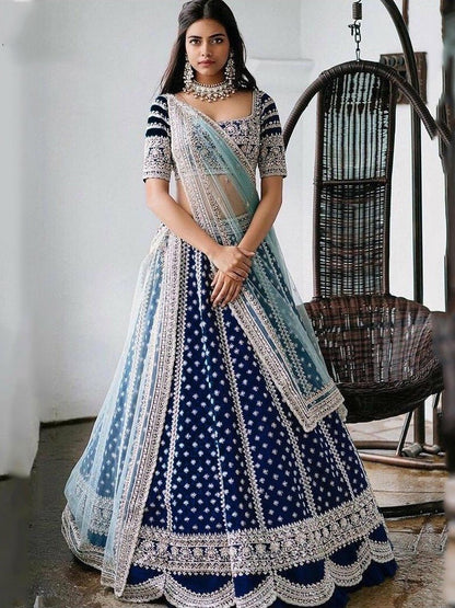 Navy blue taffeta silk heavy embroidered work ceremonial lehenga choli