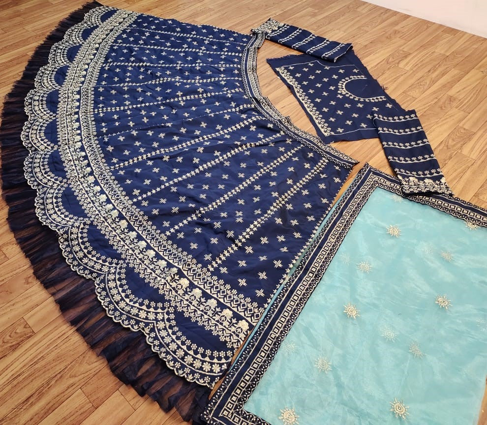 Navy blue taffeta silk heavy embroidered work ceremonial lehenga choli
