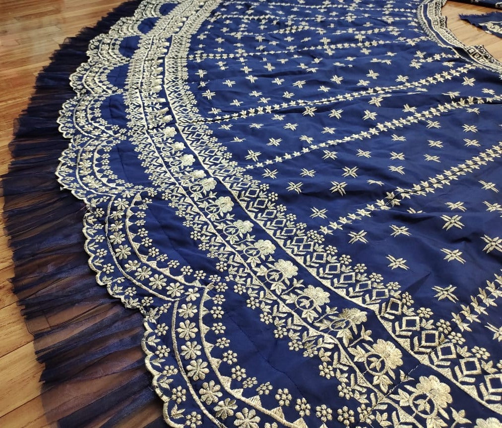 Navy blue taffeta silk heavy embroidered work ceremonial lehenga choli