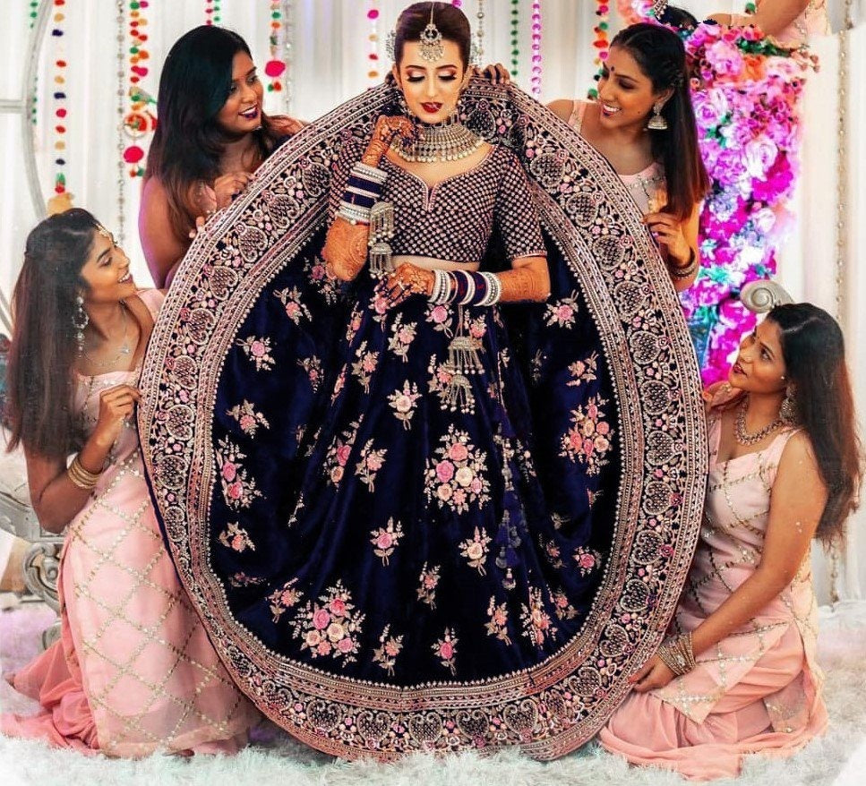Navy blue taffeta velvet heavy embroidered work wedding lehenga choli
