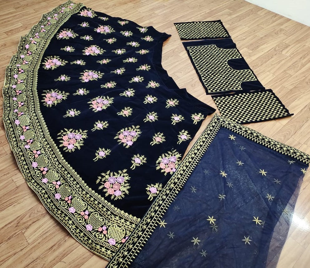 Navy blue taffeta velvet heavy embroidered work wedding lehenga choli