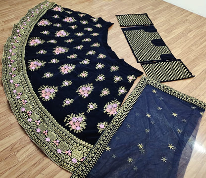 Navy blue taffeta velvet heavy embroidered work wedding lehenga choli