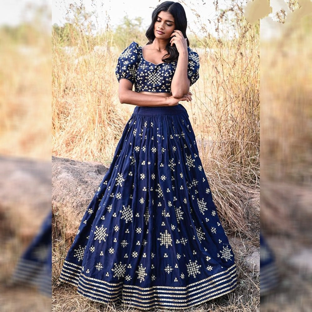 navy blue tapeta silk crop top lehenga with cancan net
