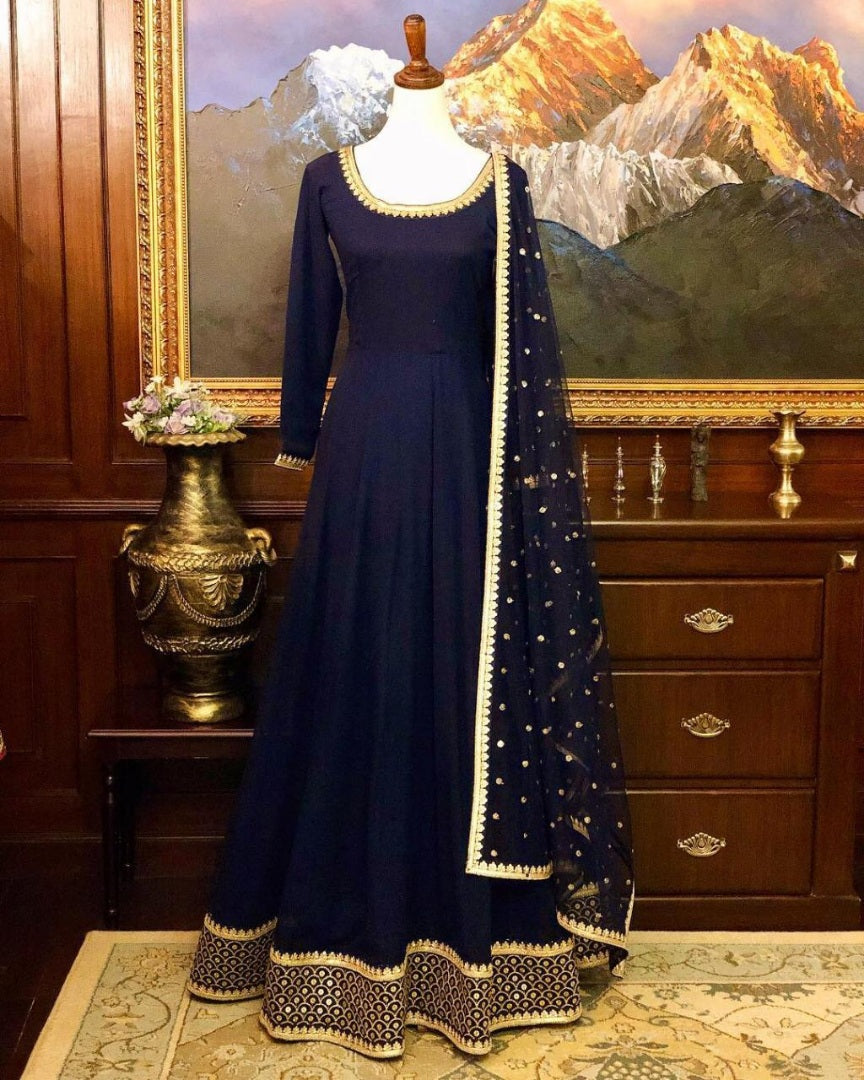 Navy blue tapeta silk embroidered partywear gown