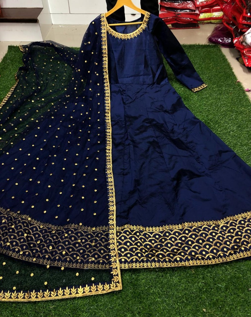 Navy blue tapeta silk embroidered partywear gown