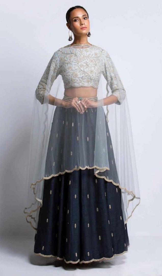 navy blue tapeta silk embroidered partywear lehenga