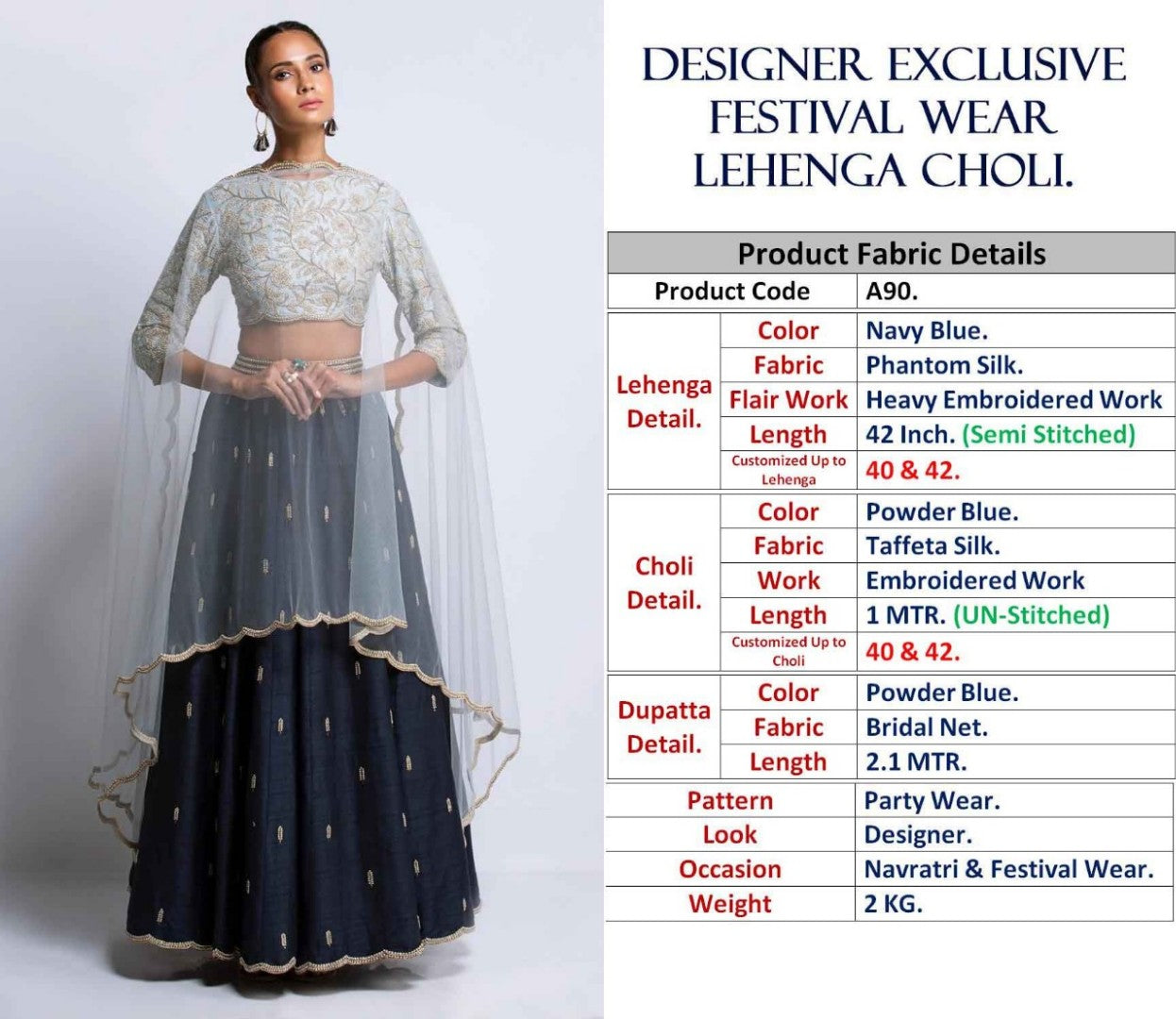 navy blue tapeta silk embroidered partywear lehenga