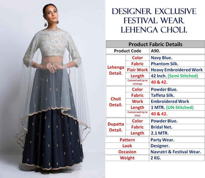 navy blue tapeta silk embroidered partywear lehenga