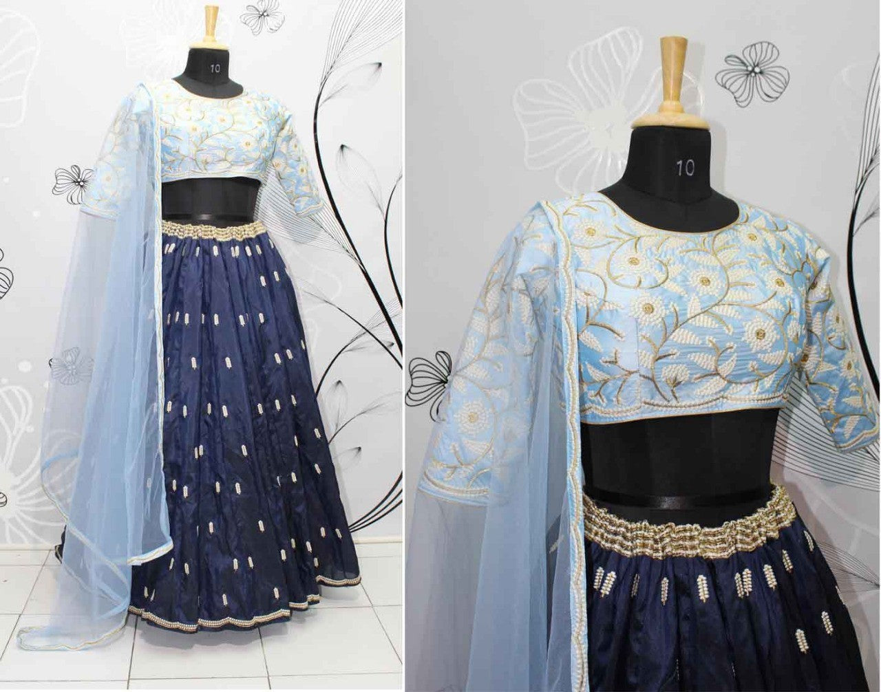 navy blue tapeta silk embroidered partywear lehenga