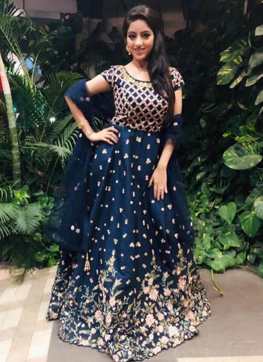 navy blue tapeta silk embroidery long anarkali suit