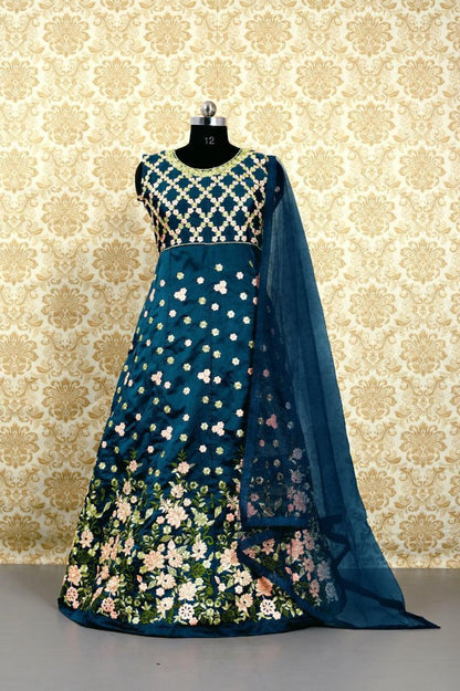 navy blue tapeta silk embroidery long anarkali suit