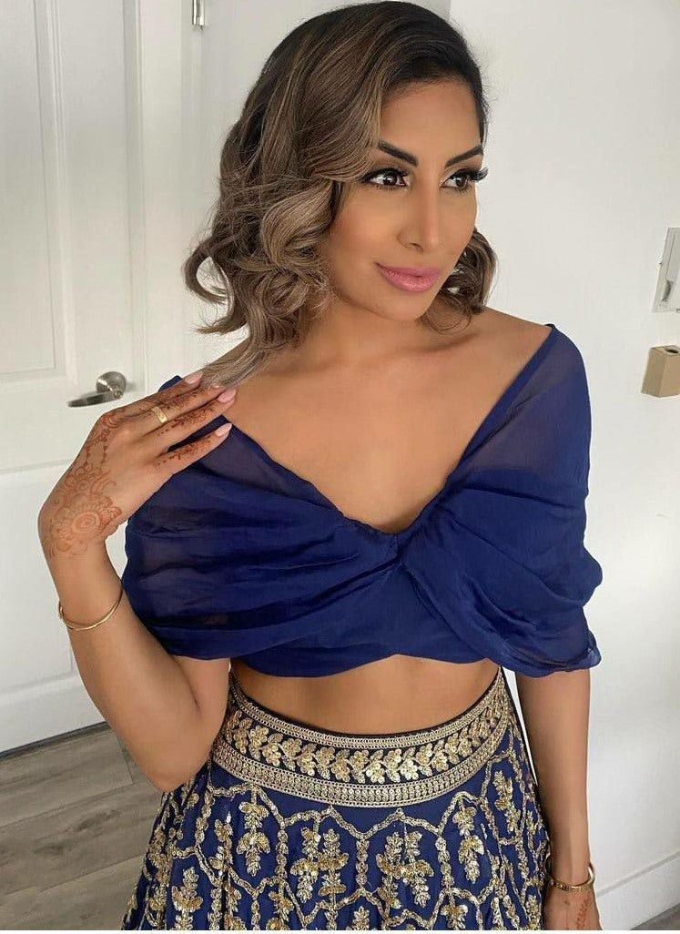 Navy blue tapeta silk heavy embroidered party wear crop top lehenga