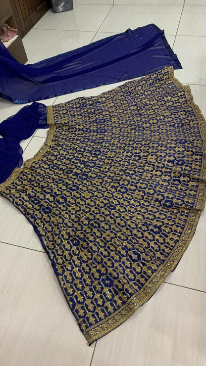 Navy blue tapeta silk heavy embroidered party wear crop top lehenga
