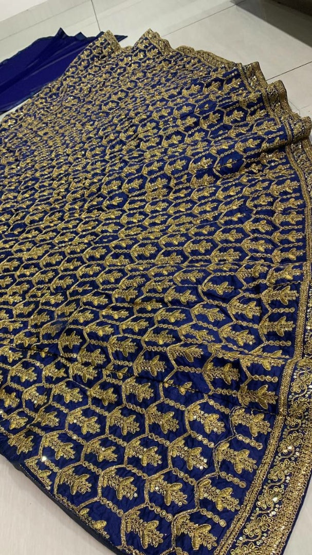Navy blue tapeta silk heavy embroidered party wear crop top lehenga