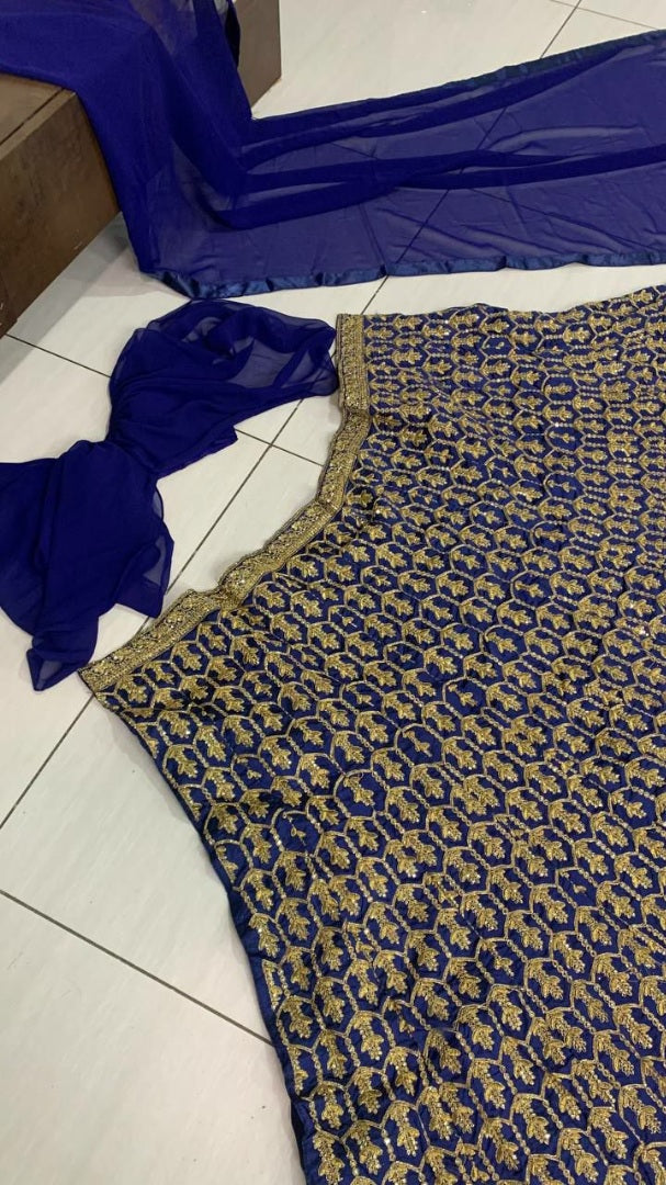 Navy blue tapeta silk heavy embroidered party wear crop top lehenga