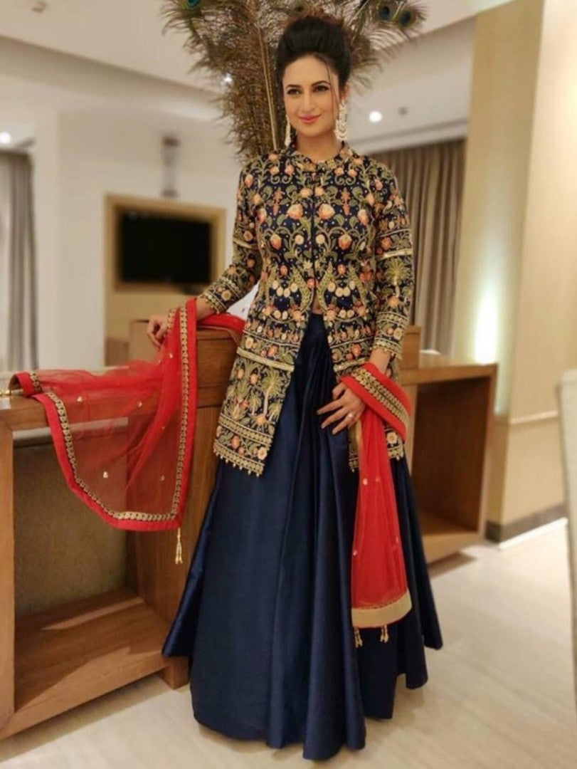 navy blue tapeta silk lehenga with heavy embroidered long choli