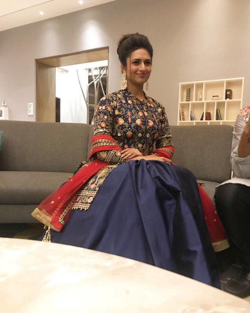 navy blue tapeta silk lehenga with heavy embroidered long choli