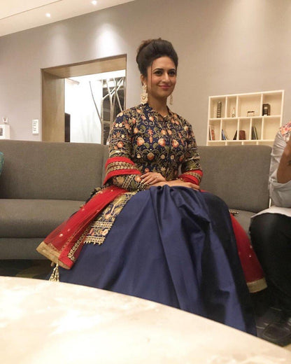 navy blue tapeta silk lehenga with heavy embroidered long choli