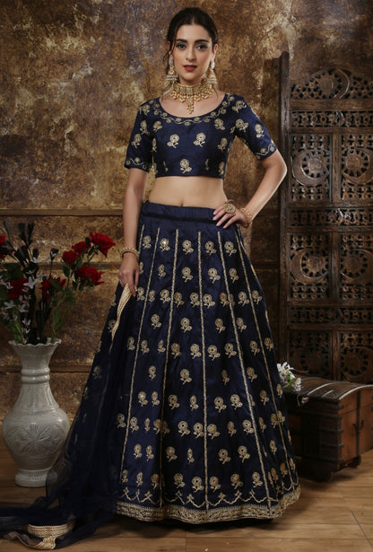 Navy blue thai silk embroidery and mirror work lehenga choli