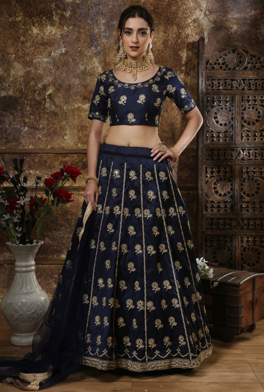 Navy blue thai silk embroidery and mirror work lehenga choli