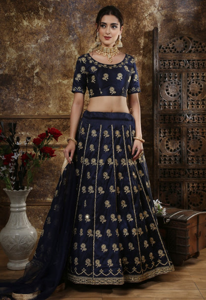 Navy blue thai silk embroidery and mirror work lehenga choli