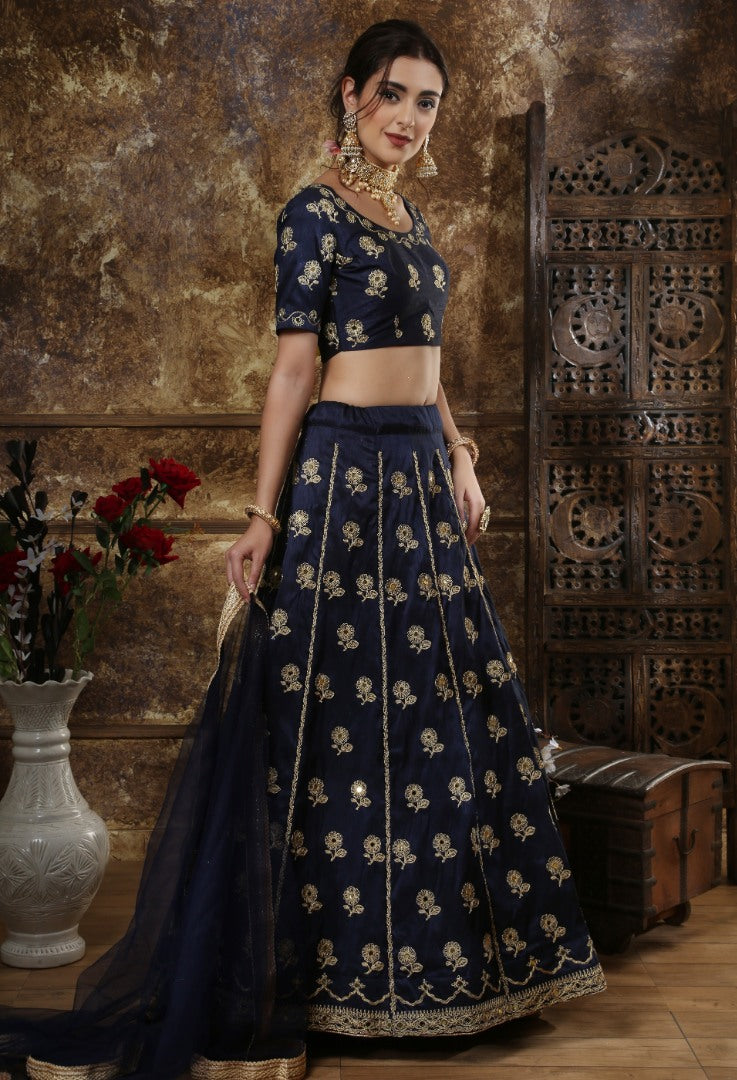 Navy blue thai silk embroidery and mirror work lehenga choli