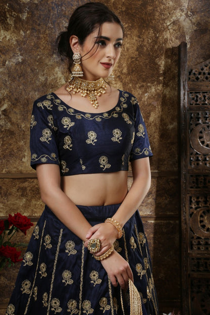 Navy blue thai silk embroidery and mirror work lehenga choli