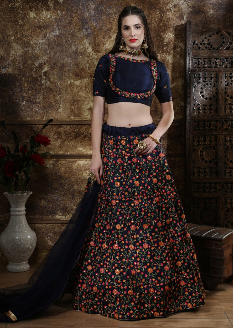 Navy blue thai silk heavy multi thread worked wedding lehenga choli