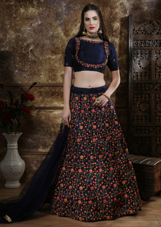 Navy blue thai silk heavy multi thread worked wedding lehenga choli