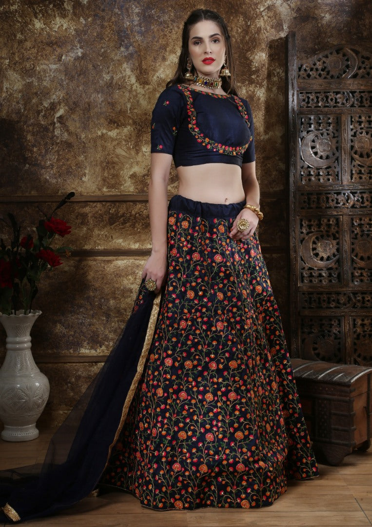 Navy blue thai silk heavy multi thread worked wedding lehenga choli