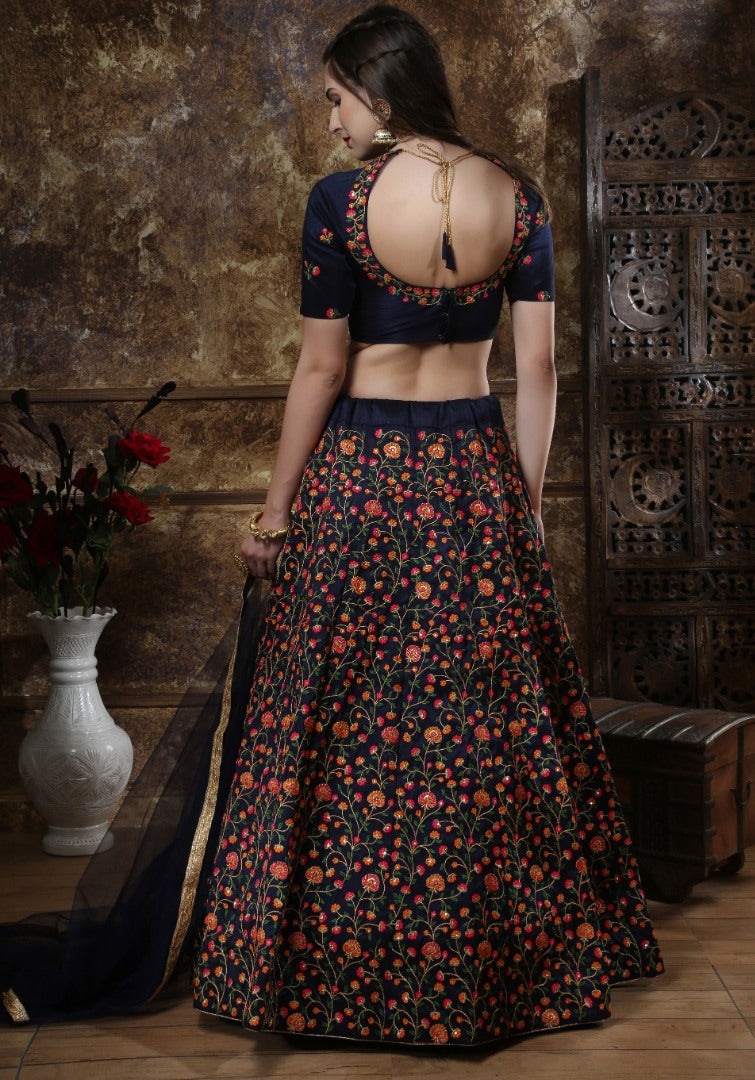 Navy blue thai silk heavy multi thread worked wedding lehenga choli