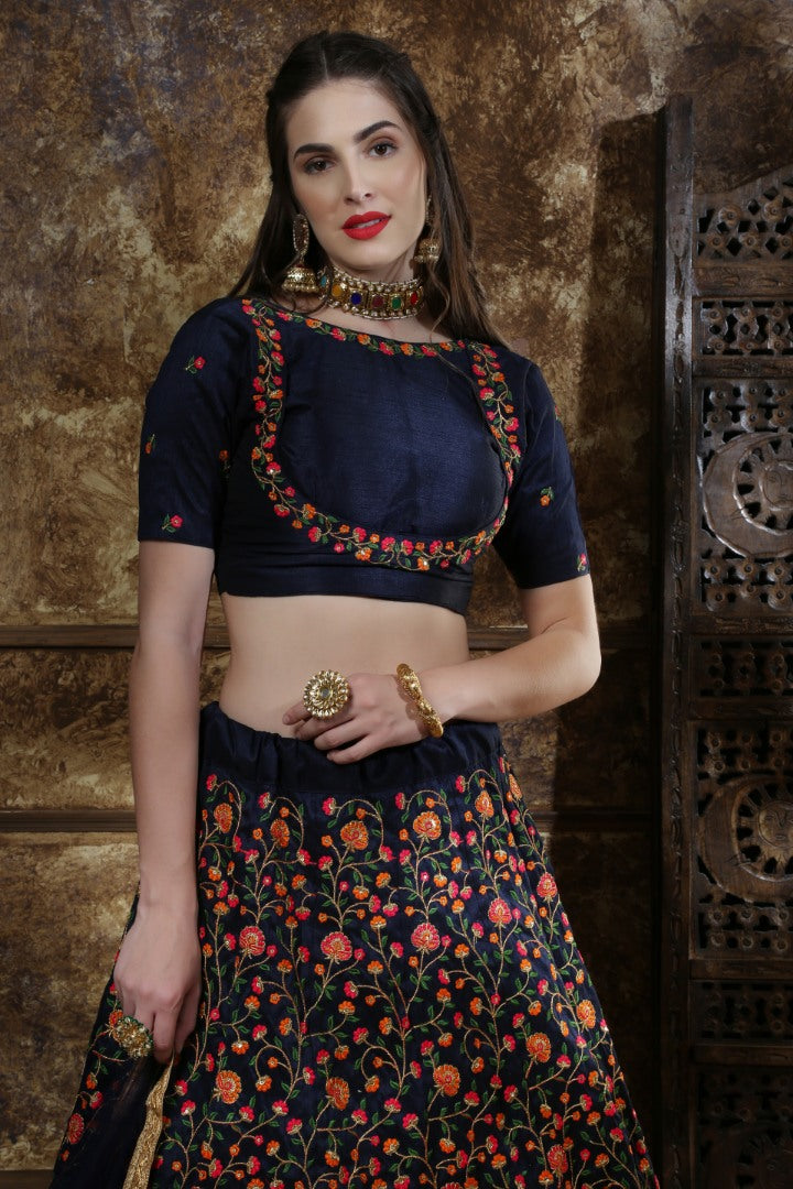 Navy blue thai silk heavy multi thread worked wedding lehenga choli