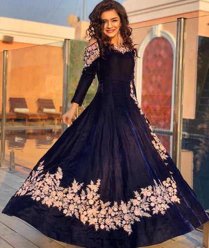 navy blue two tone tapeta silk embroidered gown