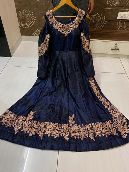 navy blue two tone tapeta silk embroidered gown